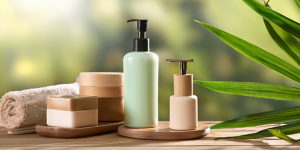 Pflegeprodukte wie Seifen, Pumpflaschen und Dosen stehen auf Holzunterlagen neben einem zusammengerollten Handtuch; rechts im Bild befinden sich grüne Blätter.